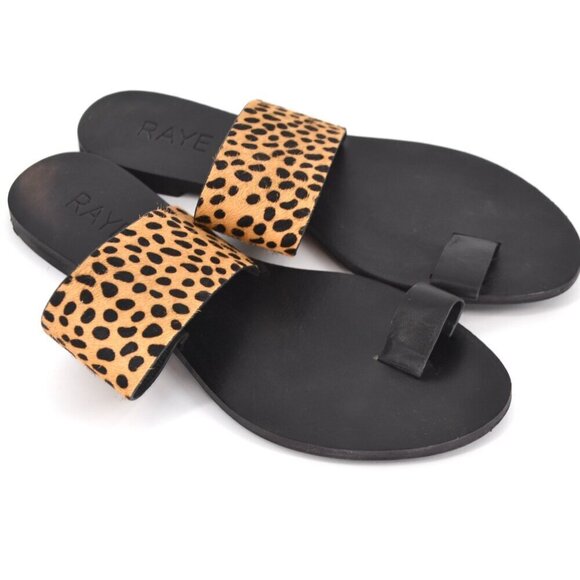 Raye Leopard Slides Sandals Flats Toe Ring Calf Hair Tan and Black Women's 37.5 - Picture 2 of 8